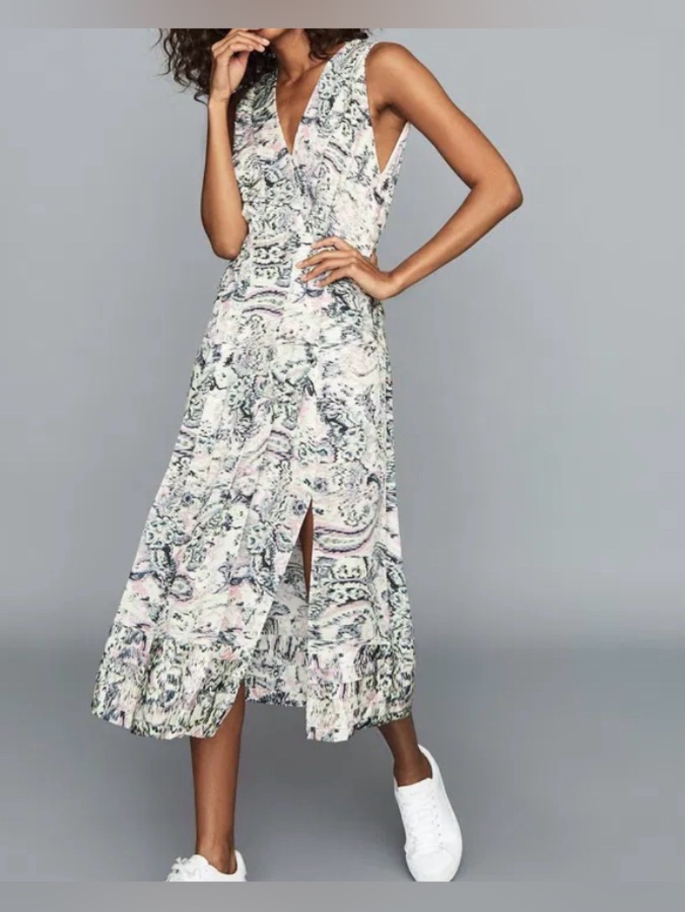 Reiss Marcy Printed Midi Dress US 4 Abstract Watercolor Plunge Neck Fit Flare
